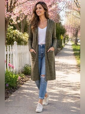 Olive Green Hooded Long Cardigan Mossimo Small Knit Duster
